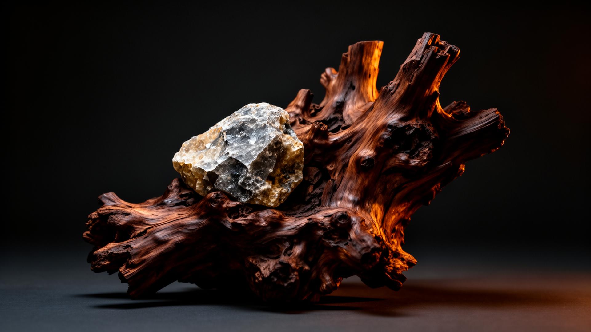 Reclaimed hardwood root with embedded stone, dramatically lit against a black backdrop